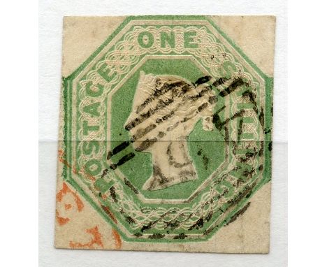 1847 Embossed 1/- pale green 4 margined with light duplex cancel.  SG 54.  Cat £1000.