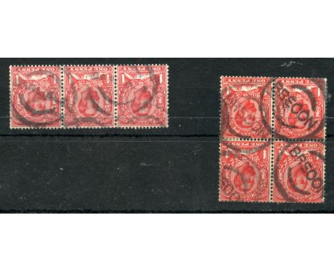1911 - 12 1d scarlet SG 329 wmk inverted, strip of 3 with light circular parcel pmks and  SG 336 wmk inverted block of 4 with