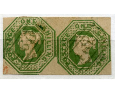 1847 Embossed 1/- green pair 3 margined with light duplex cancels.  SG 54.  Cat £2000.