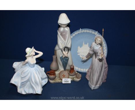 Two Lladro Figures (a/f), one a lady with pottery items at her feet, the other missing her umbrella, together with Coalport '