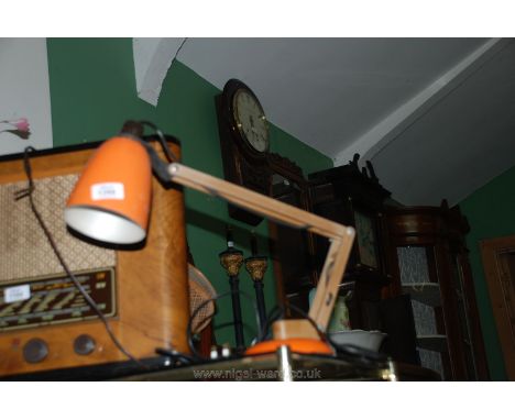 A wooden 1960's angle poise Desk Lamp with orange shade and base