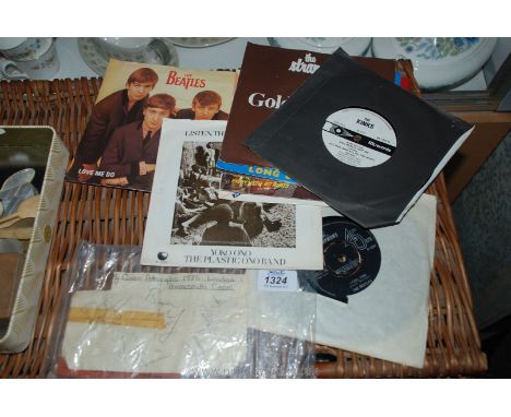 An autographed 'Queen' 1975 Ticket, 1977 Queen Record and various Beatles records and others