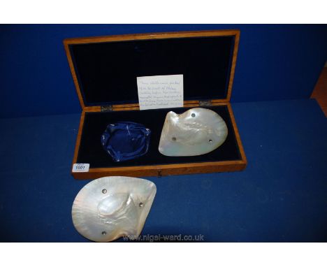 A pair of Shells which were picked up on the coast of China, mounted and given as a Wedding present in 1916 in a wooden displ