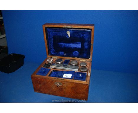 A ladies Jewellery Case with Epns lidded bottles, ring tray, etc.