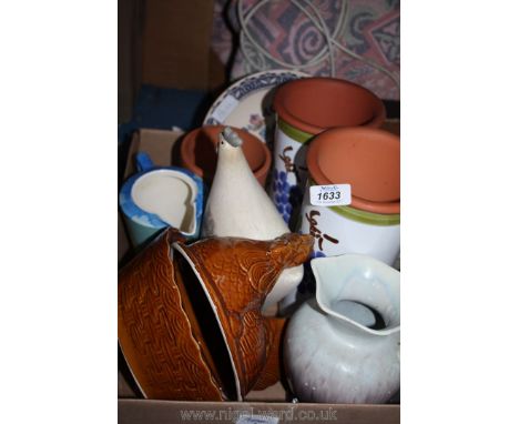 A Corona ware Jug, Staffordshire 'Heart of Flowers' plate, pair of pottery Vases and a Hen on the Nest