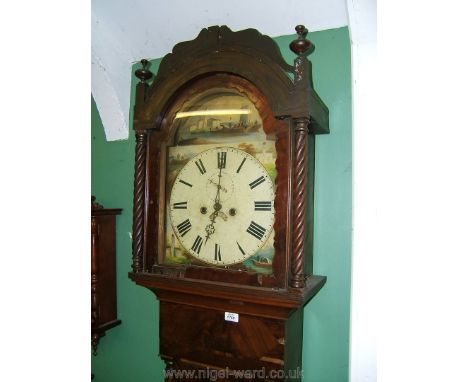 A Victorian flame Mahogany cased Longcase Clock painted face, short door with column detail, standing on bracket feet