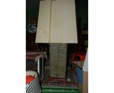 A modern Oriental bronze Lamp in form of pagoda and silk shade