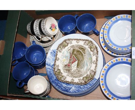 A box of china including modern Delft plate, Staffordshire part tea service, etc.