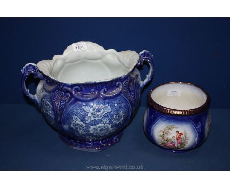 A blue and white Staffordshire Planter along with a smaller Planter with a classical scene