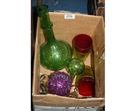 A hand blown green glass Decanter, coloured glasses and a pair of Amethyst glass Candleholders