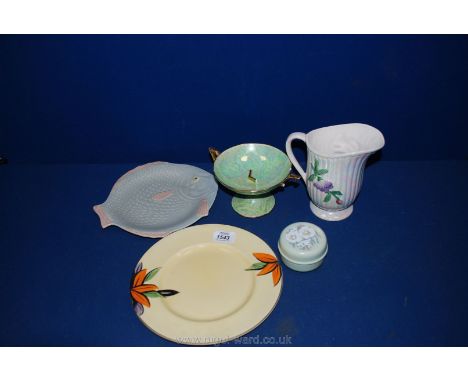 A group of deco pottery including Myott dinner plate, New Hall comport, lustre jug, fish plate and a Hornsea trinket box in o