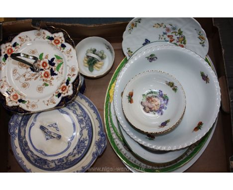 A box of china including two tier cake stand, an Aynsley 'Cottage Garden' plate, Royal Worcester 'Evesham' oval pie dish, etc