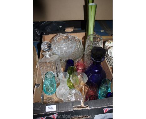 A quantity of glass including decanter, coloured glass vase, clear glass bowls, etc.