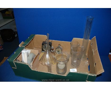 A quantity of glass measuring flasks, glass funnels, an Interval timer, a Pifco all-in-one electrical tester, etc.