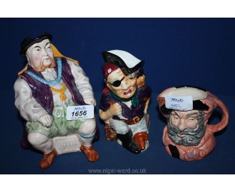 Three decorative character Jugs including Melba ware Henry VIII, Royal Doulton Falstaff and Shorter 'Long John'