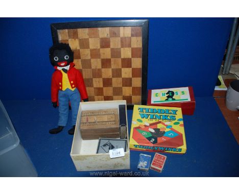 A quantity of miscellaneous Games including Tiddly Winks, wooden Chess board with wooden chess pieces, Cribbage board, playin