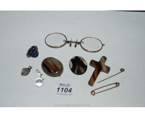 A 9ct Gold Pin, gold rimmed spectacles, polished agate items, stick pin, etc.