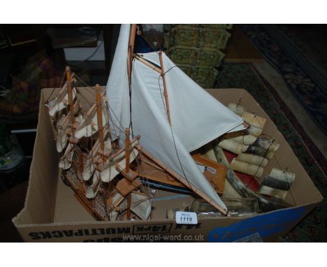 A wooden model of a Galleon, 15" long, a Yacht 20" long also a ship in a bottle and one other.