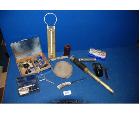 A quantity of miscellanea including a PAL injecto-matic razor, old telescope, thermometer, etc