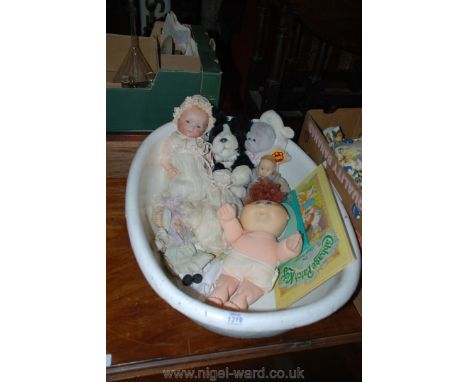 A Victorian Papier mache Bath containing Victorian, Armand Marseille (a/f), ''Cabbage Patch'' Doll, some a/f