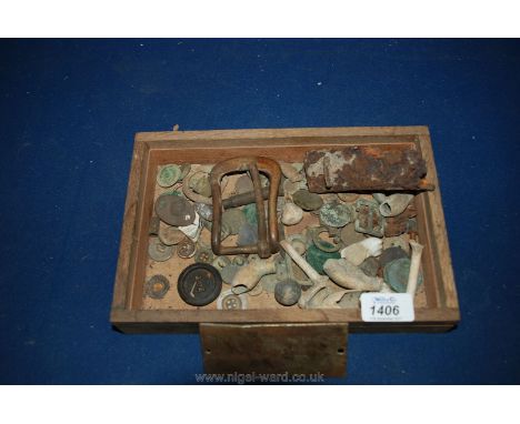 A quantity of excavated items including brass boat plaque (Battersea), coins, etc
