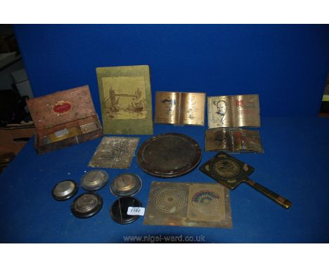 A quantity of Printer's Plates in a wooden box along with a Plaque celebrating Lord Baden Powell, Winston Churchill, mirror h