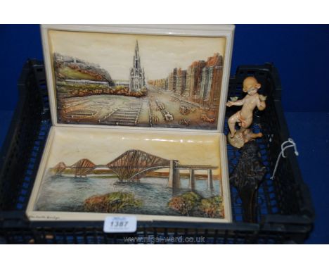 Two 'Ivorex' pictures of Edinburgh and The Forth Bridge, character nutcracker, etc.