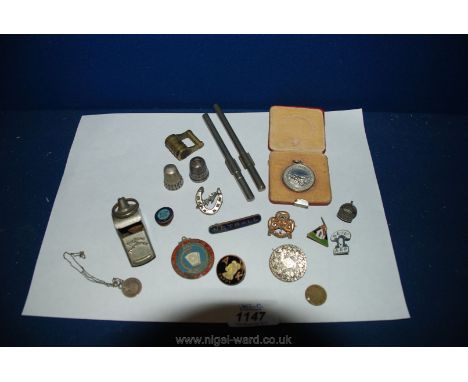 Miscellaneous enamel Badges, a Royal Life Saving Society 1891 medal, thermometers, etc.