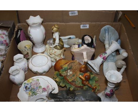 A quantity of china ornaments including Aynsley Vases, Royal Doulton Posies, Nao style figures, Melba ware character jug, Bos