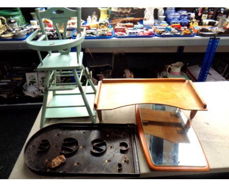 A bagatelle board, teak framed mirror, Tri-ang high chair