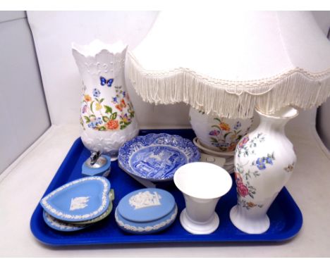 A tray of Wedgwood Jasperware dishes and trinket box, Spode Italian plate, Aynsley vases and table lamp etc 