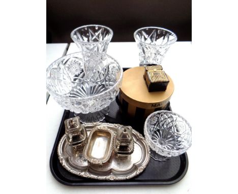 A tray of silver plated salt and pepper sifters, lead crystal bowls and vases, Macy's ceramic bag 