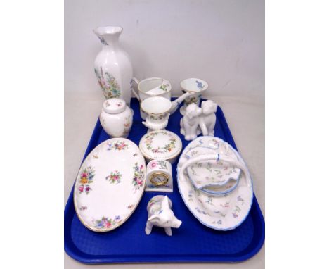A tray containing assorted ceramics to include Coalport Moments figure 'Puppy Love',  Aynsley, Wedgwood and Royal Worcester c