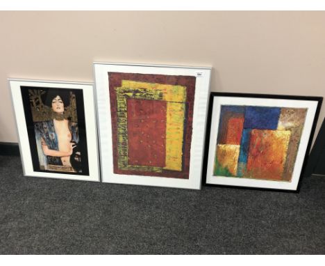 A colour print after Gustav Klimt together with two further abstract prints
