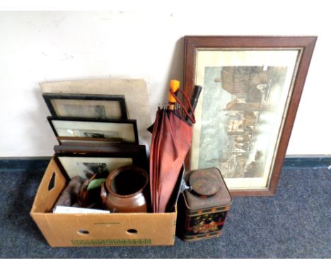 A box of parasol, stoneware jar, pictures and prints, tin caddy etc 