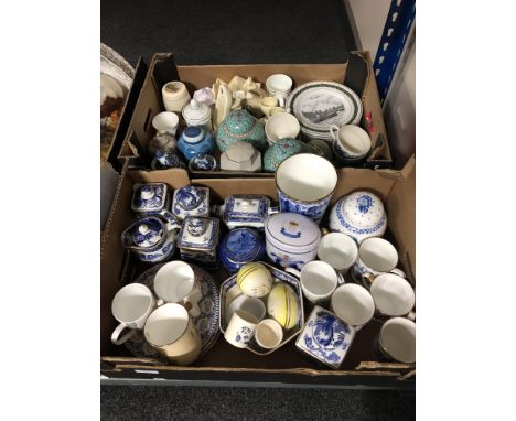 Two boxes of Ringtons blue and white ceramics, lidded jars, caddy, pair of Chinese glazed ginger jars, Lurpak butter dish, pl