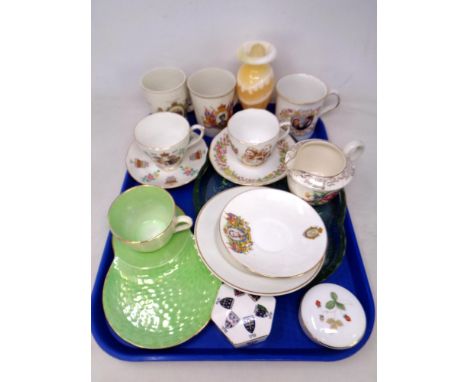 A tray of commemorative beakers, tea cups and saucers, Maling tea cup and plates, green glass dressing table tray, trinket po