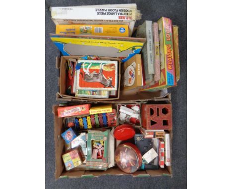 Two boxes of vintage toys, Xylophone, jigsaws, dominoes, puzzle blocks etc 