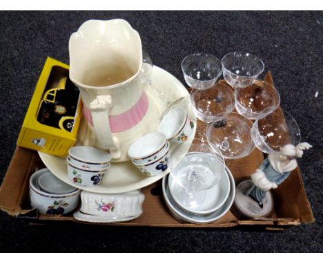 A box of 19th century wash jug and basin, assorted glassware, ramekins, oven dishes, Ringtons money box etc 