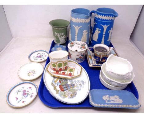 A tray of Jasperware, Wedgwood mustard pot, Spode pin dishes and further ceramics 