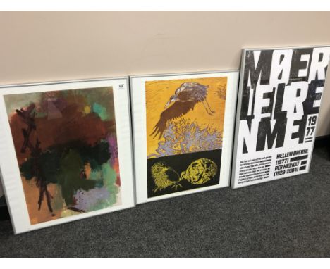 A continental abstract colour print together with two further similarly framed prints 
