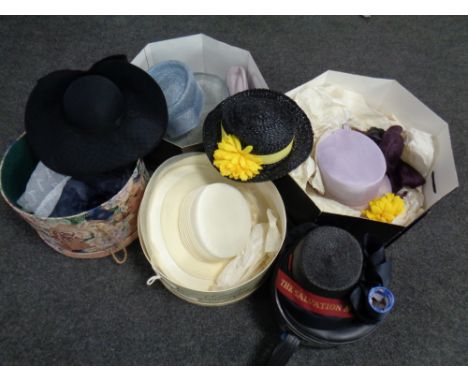 Five assorted hat boxes, lady's formal hats, Salvation army hat 