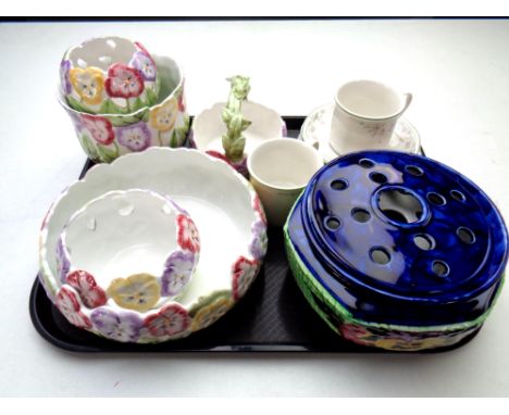 A tray of Maling rose bowl, Pansy decorated china bowls, Royal Doulton Caprice cups and saucers 