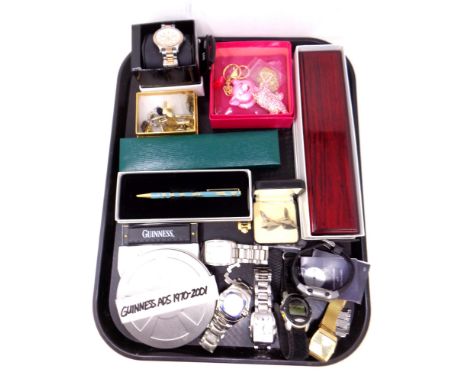 A tray of Gent's wrist watches, cufflinks, costume jewellery, Guinness branded harmonica 