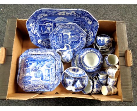 A box of Copeland Spode Italian blue and white porcelain, willow pattern china etc 