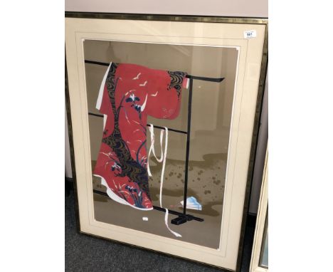 A Japanese print depicting a silk kimono, 58 cm x 80 cm.
