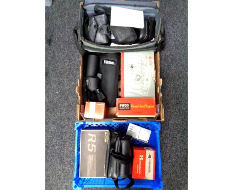 A box and crate of assorted cameras, camera bags, hair clippers, Viewmaster, a Viking spotting-scope in bag. 