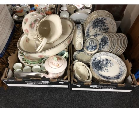 Two boxes of 19th and 20th century ceramics including S H and Sons poppy dinner ware, 19th century wash jug and basin, tea ch