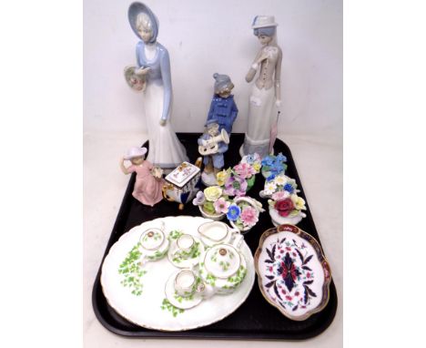 A tray of Spanish figures, china flower posies, miniature Sylvia Smith tea for two, Royal Worcester Prince Regent dish 