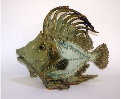 A studio pottery ceramic model of a puffer fish 46cm high, 56cm wide 